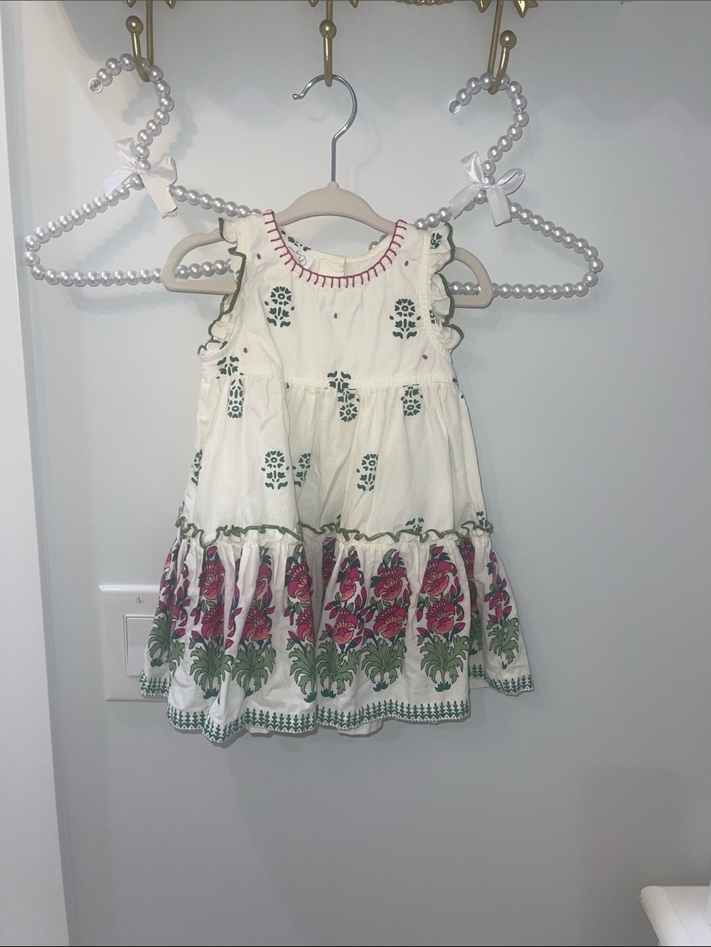 Mud Pie White Tiered Dress with Pink and Green Floral Border